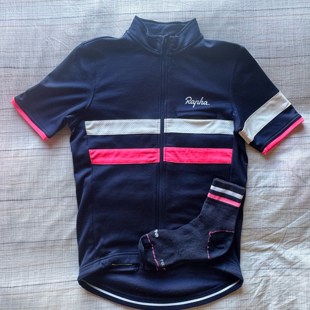 Rapha Navy & Pink Merino Wool Brevet  Cycling Jersey with matching Socks